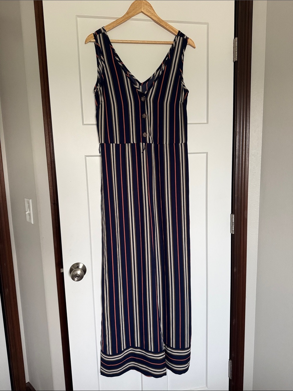 Xhilaration Navy Striped V-Neck Maxi Dress with Button Front